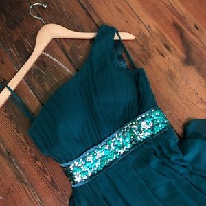 Emerald one shoulder sequin belt gown